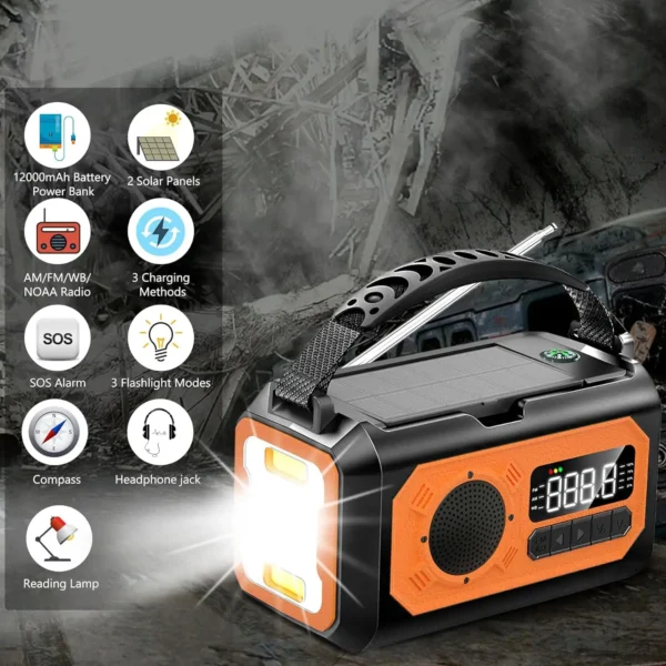 Outdoor Hand Crank Radio - 12000mAh-SOS-Compass-Torch - H17 - Image 4